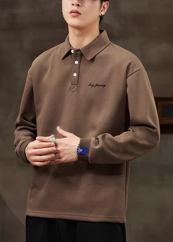 Loose Coffee Button Solid Cotton Men Polo Shirt Spring TC017