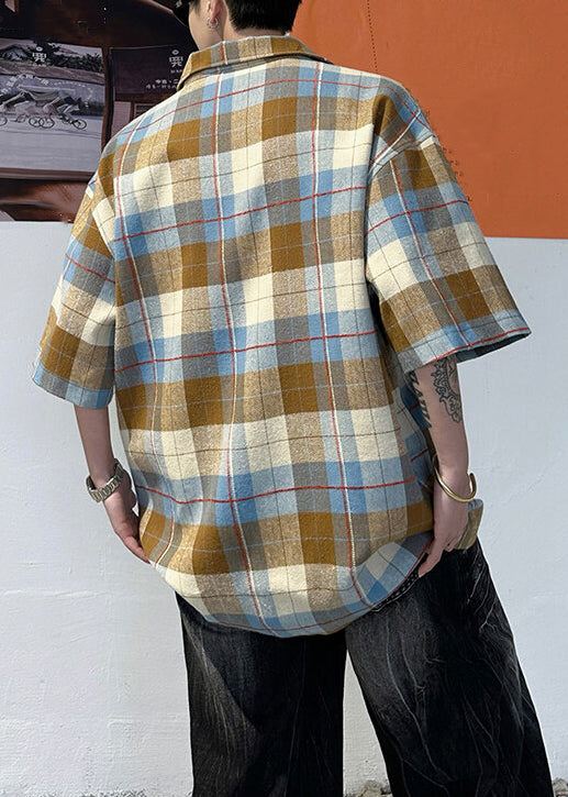 Pullover Coffee Half Sleeve Men Cotton Shirts Button Plaid Loose