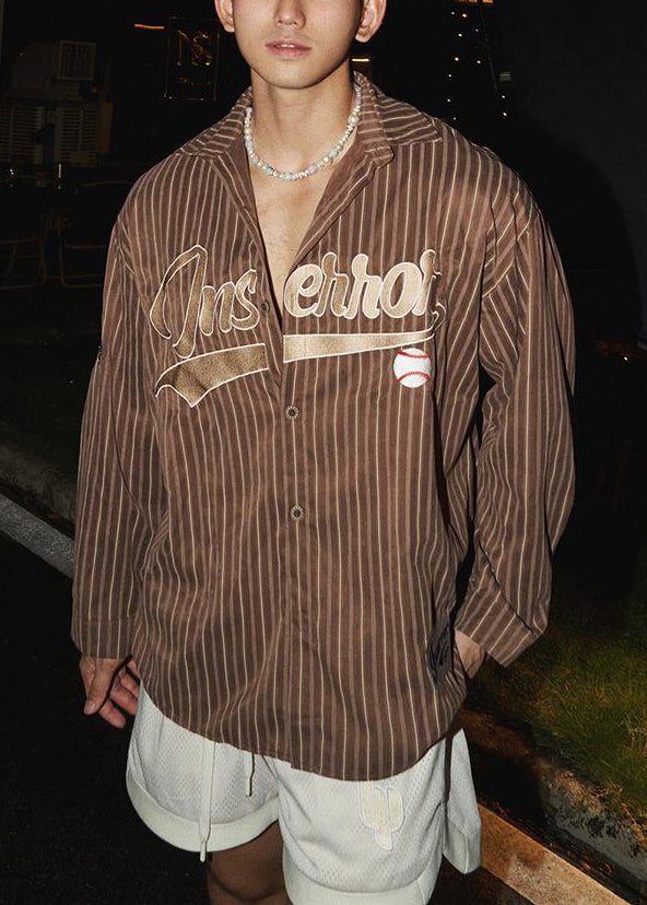 Letter Striped Shirts Coffee Cotton Spring Men Loose
