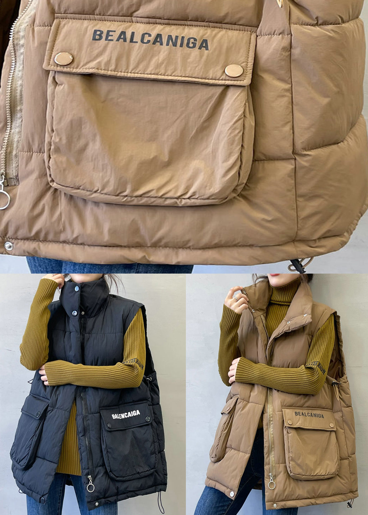 Loose Coffee Zip Up Letter Pockets Cotton Filled Waistcoat Sleeveless YW010