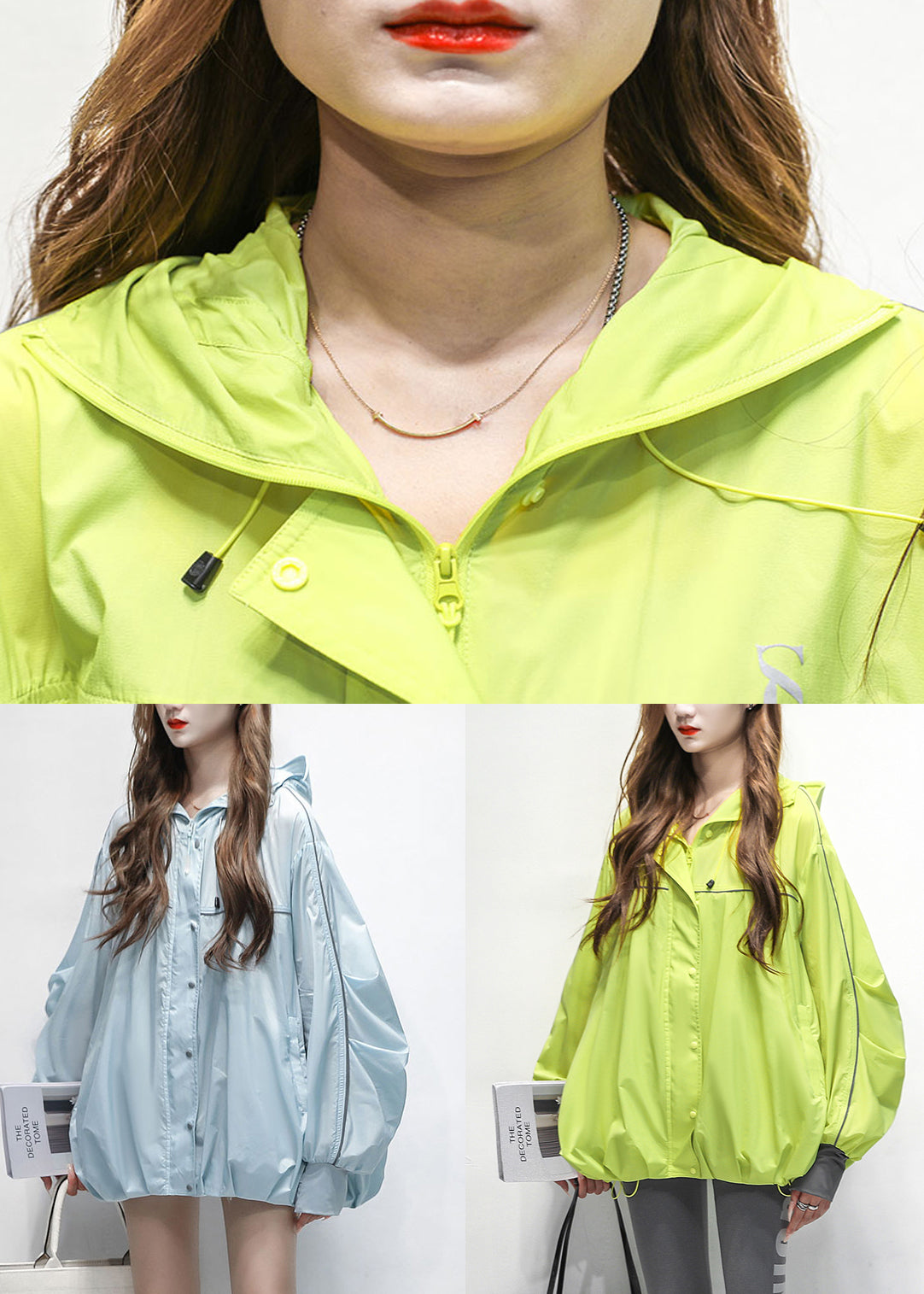Patchwork Summer Loose Coat Green Hooded Cotton Drawstring