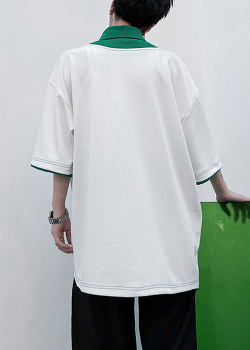 Cotton Original Design Shirts Polo Loose Mens Green Patchwork