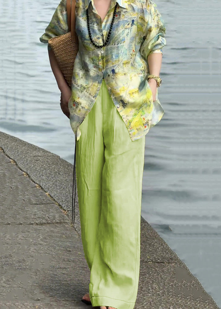 Collar Pieces High Green Waist Peter Cotton Two Loose Pan Print