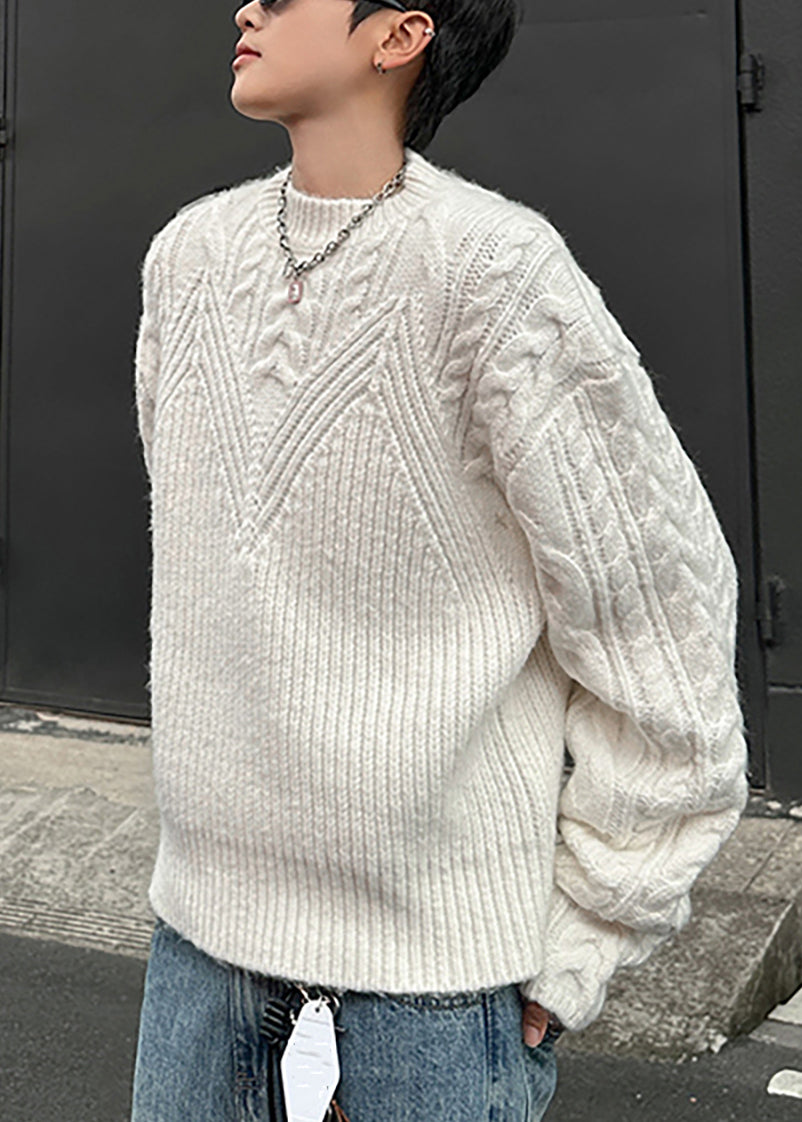 Loose Grey O Neck Cozy Cable Knit Men Sweaters Spring TK006