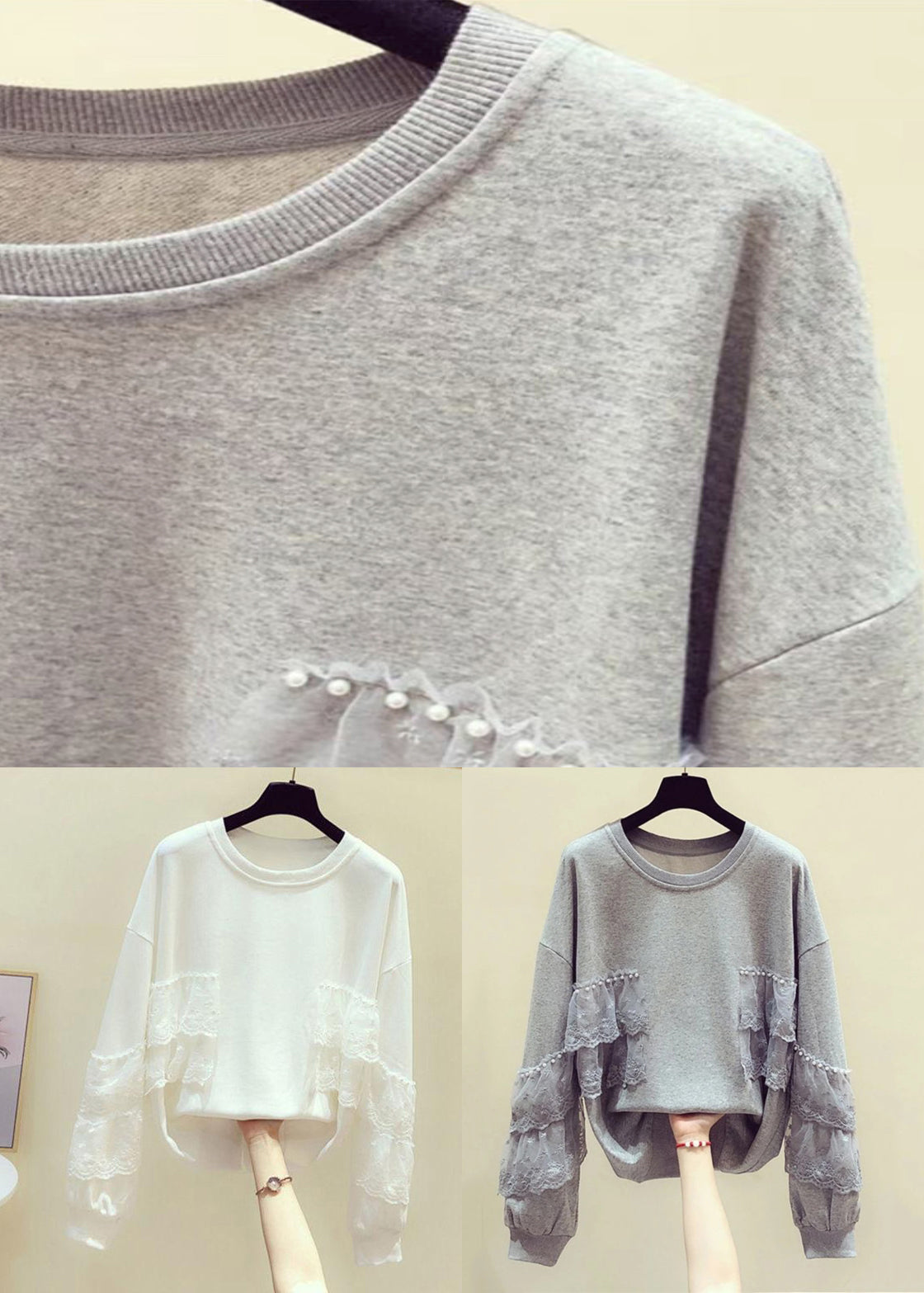Loose Grey Pearl Lace Patchwork Cotton Streetwear Spring TD031