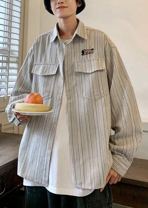 Pockets Cotton Striped Grey Shirts Men Spring Loose