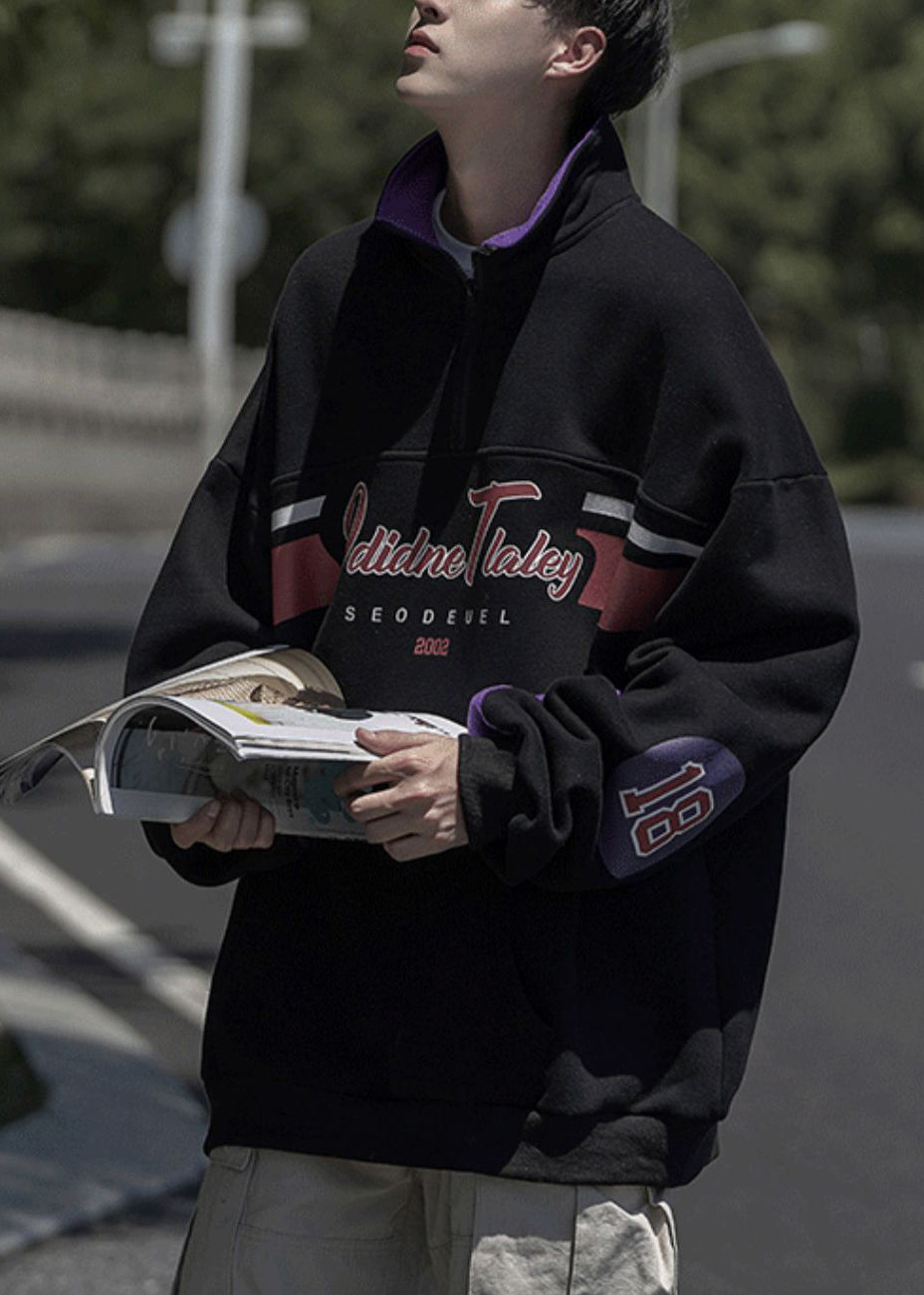 Loose Spring Sweatshirt Grey Men Cotton Zippered Pockets Print