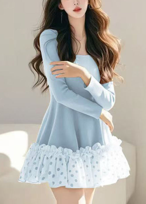 Patchwork Khaki Dot Tulle Loose Dress Spring Ruffled Mid