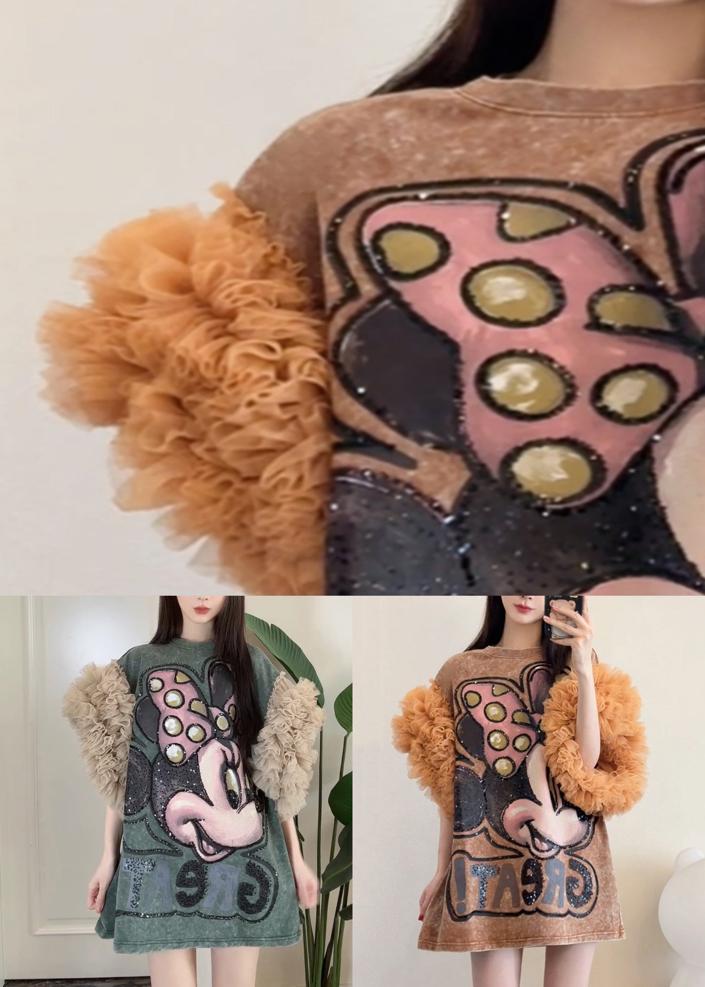 Summer Shirts Patchwork Loose Khaki Dresses Tulle Ruffled T