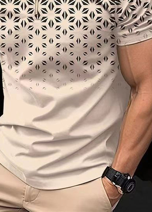 Zip Mens Loose Summer Polo Cotton Print Shirts Up Khaki