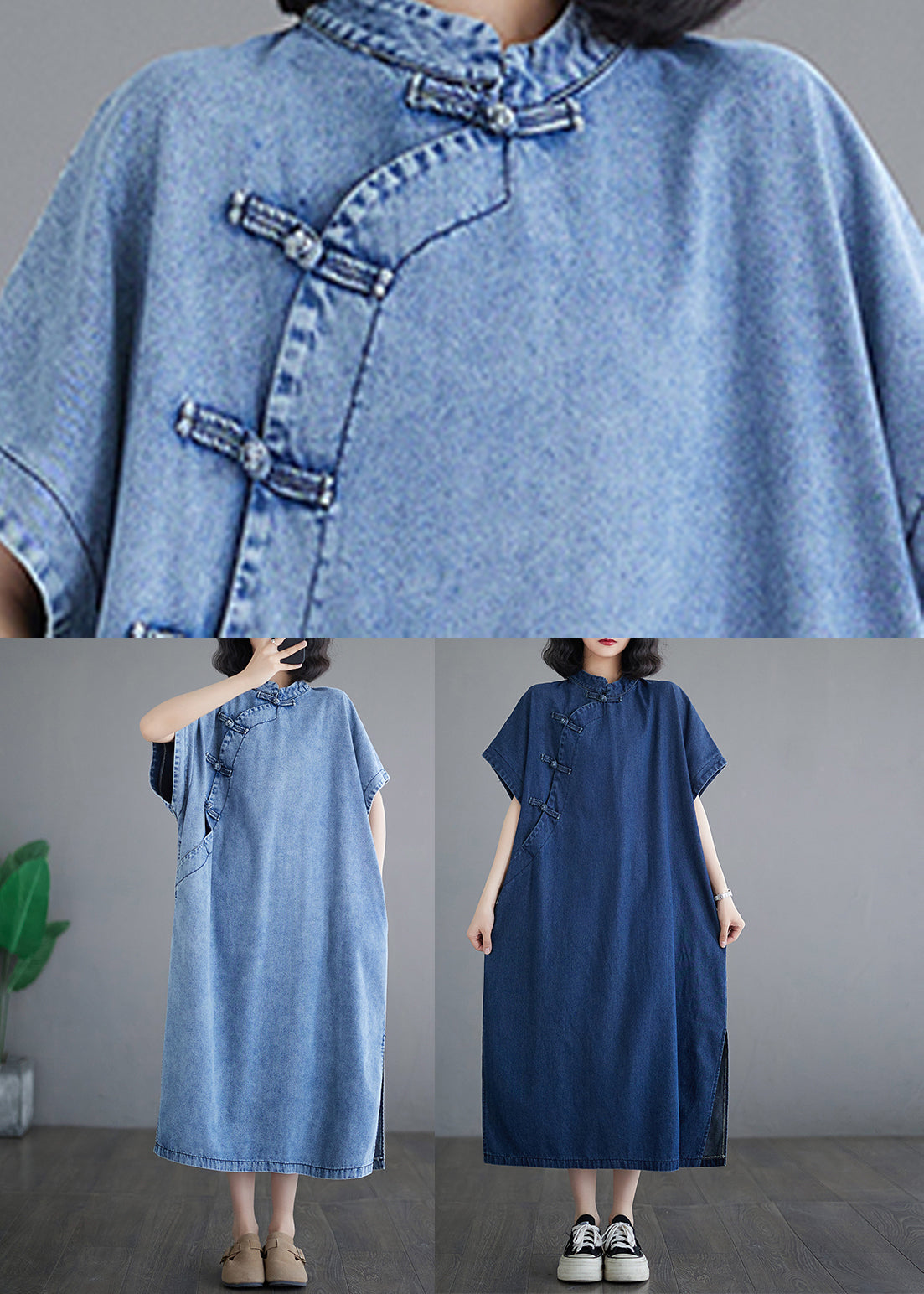 Blue Denim Collar Sleeve Maxi Dresses Loose Stand Short Light