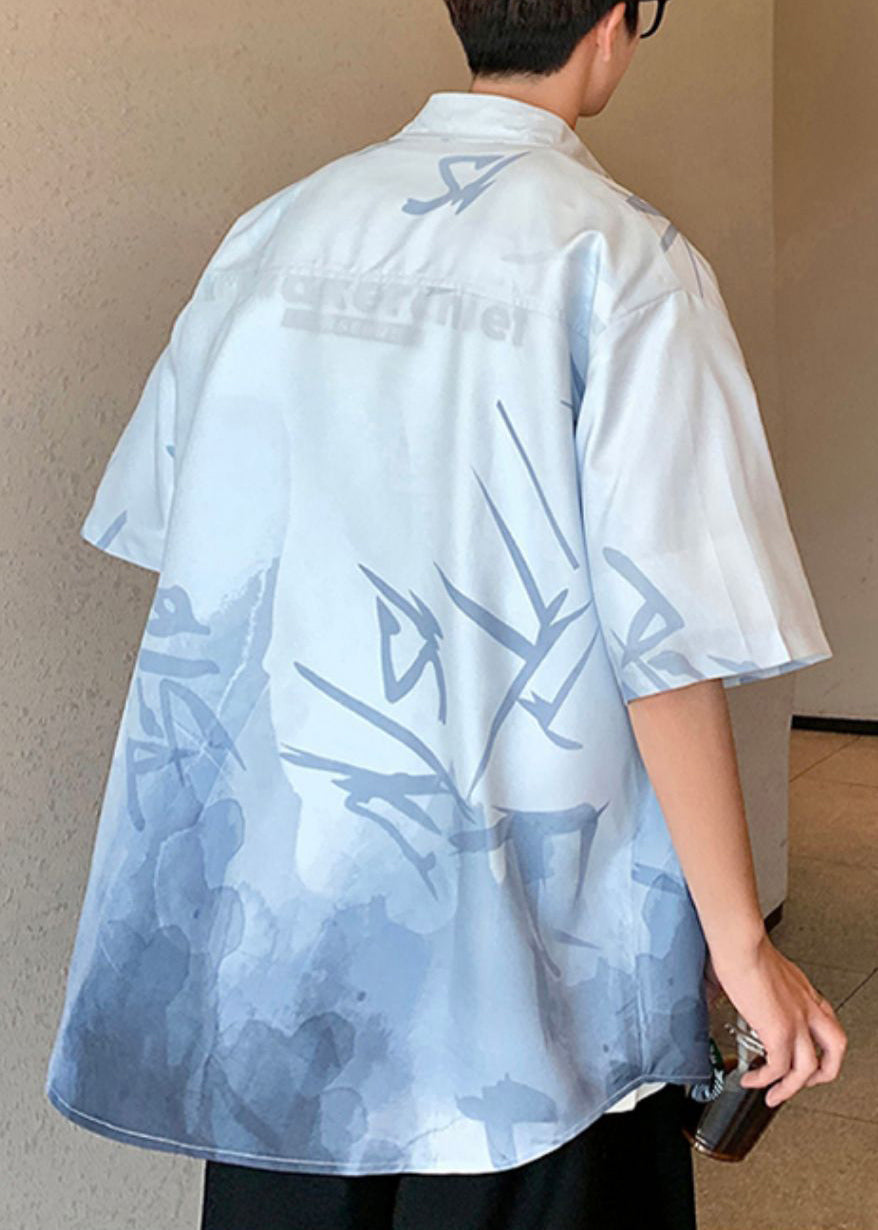 Loose Print Gradient Silk Green Men Light Ice Button Color Shirts