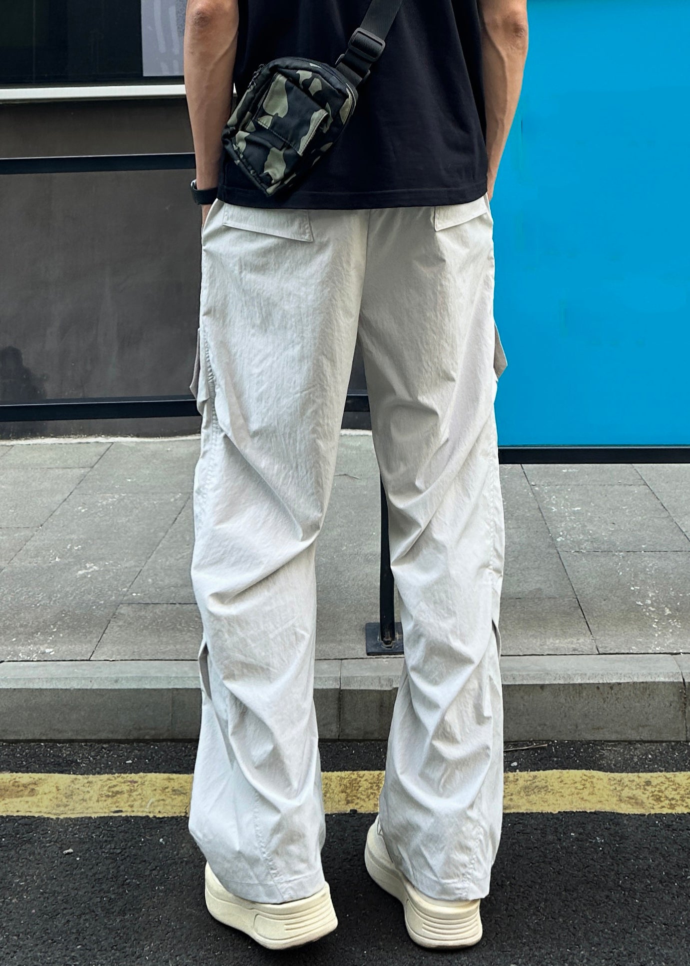 Summer Waist Elastic Pockets Grey Men Light Pants Cotton Loose