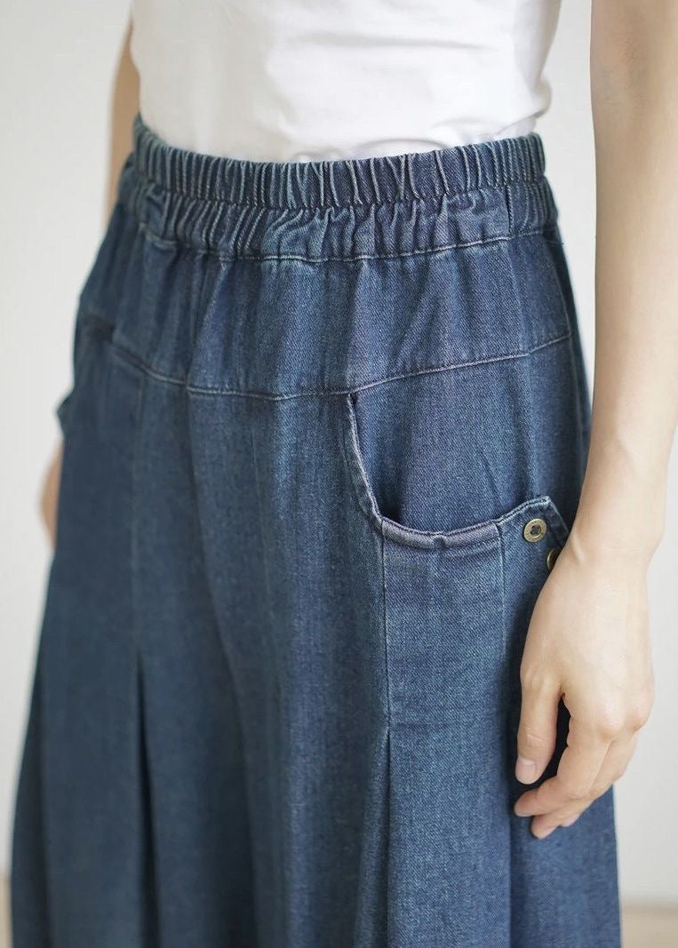 Loose Navy Pockets Wrinkled Denim Wide Leg Pants Summer BV084