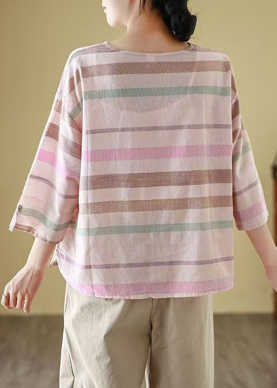 Linen Shirt Cozy Loose Neck Bracelet T Sleeve Striped O