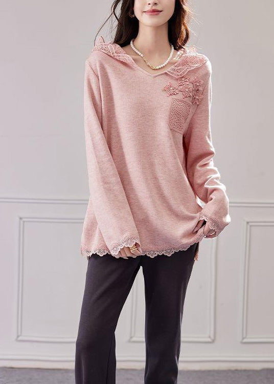 Knit Hooded Shirt Lace Patchwork Tops Spring Pink Loose