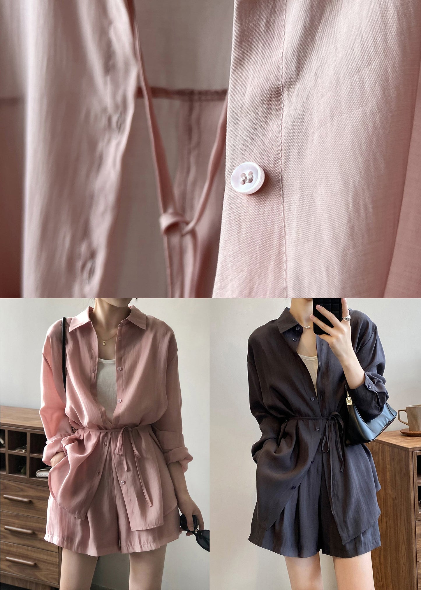 Loose Pink Lace Up Pockets Shirts And Shorts Silk Two Pieces Set Spring YH020
