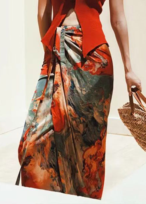 Summer Waist Print Silk Loose Lace High Up Skirts