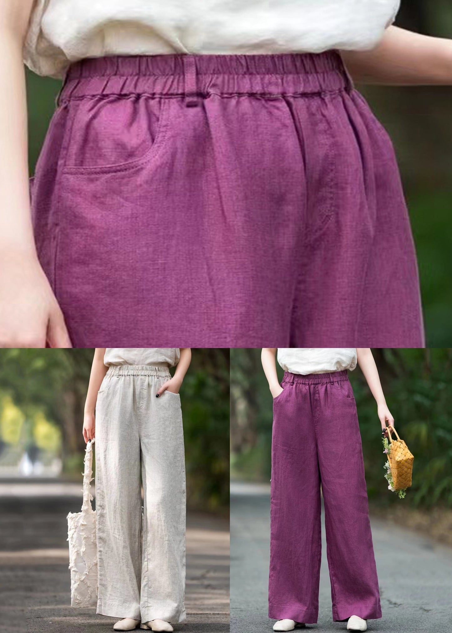 Summer Linen Elastic Waist Purple Solid Pants Loose Pockets