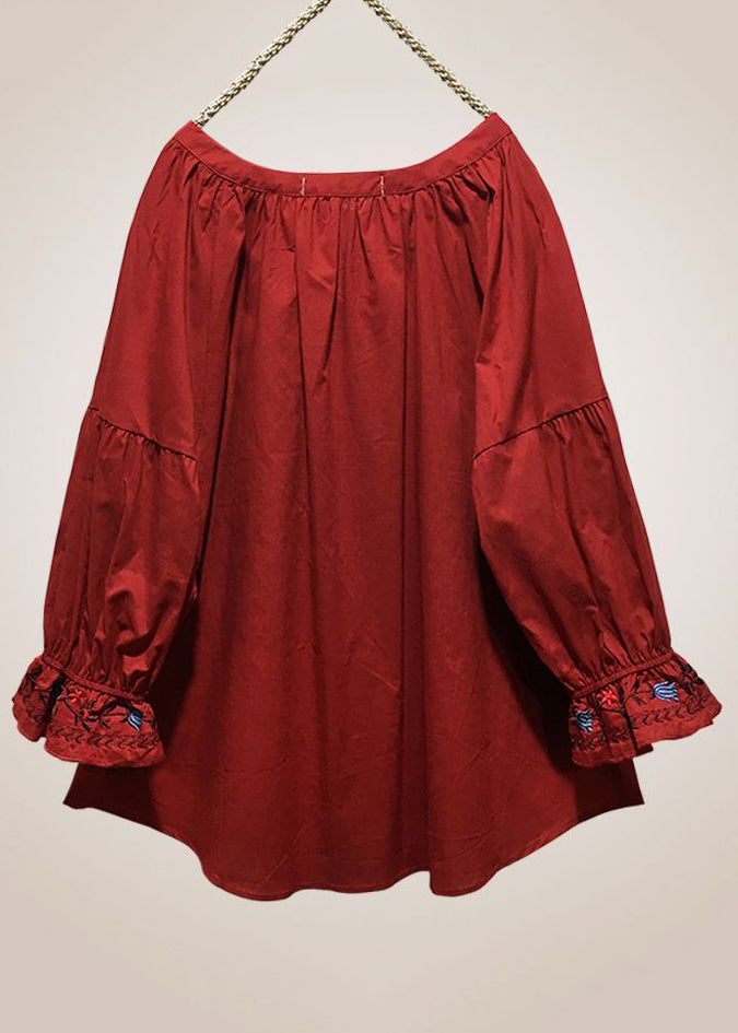Loose Red Embroidered Lace Up Cotton Shirt Long Sleeve VV016