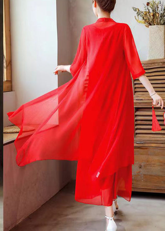 Loose Red O Neck Embroidered Solid Chiffon Two Pieces Set Half Sleeve OP1073