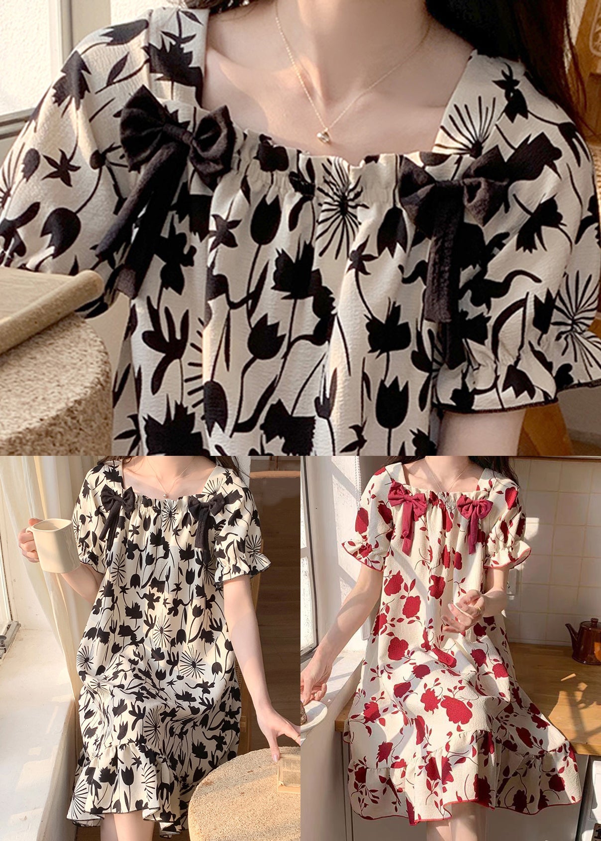 Loose Red Square Collar Bow Print Cotton Pajamas Dress Summer YK016