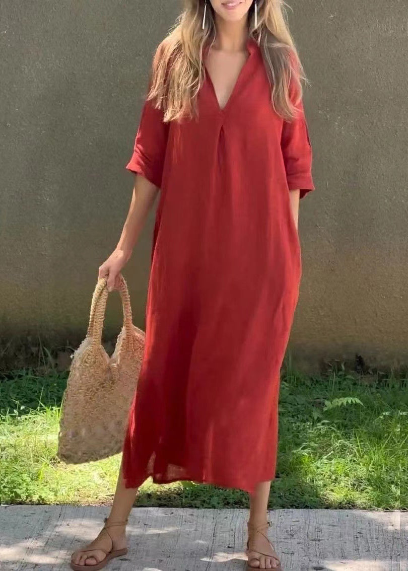 Half Loose Holiday Sleeve Open Linen Side Dress V Neck Red