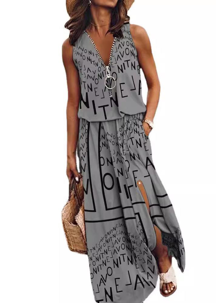 Sleeveless Red Cotton Side Up Dress Zip Patchwork Loose Open