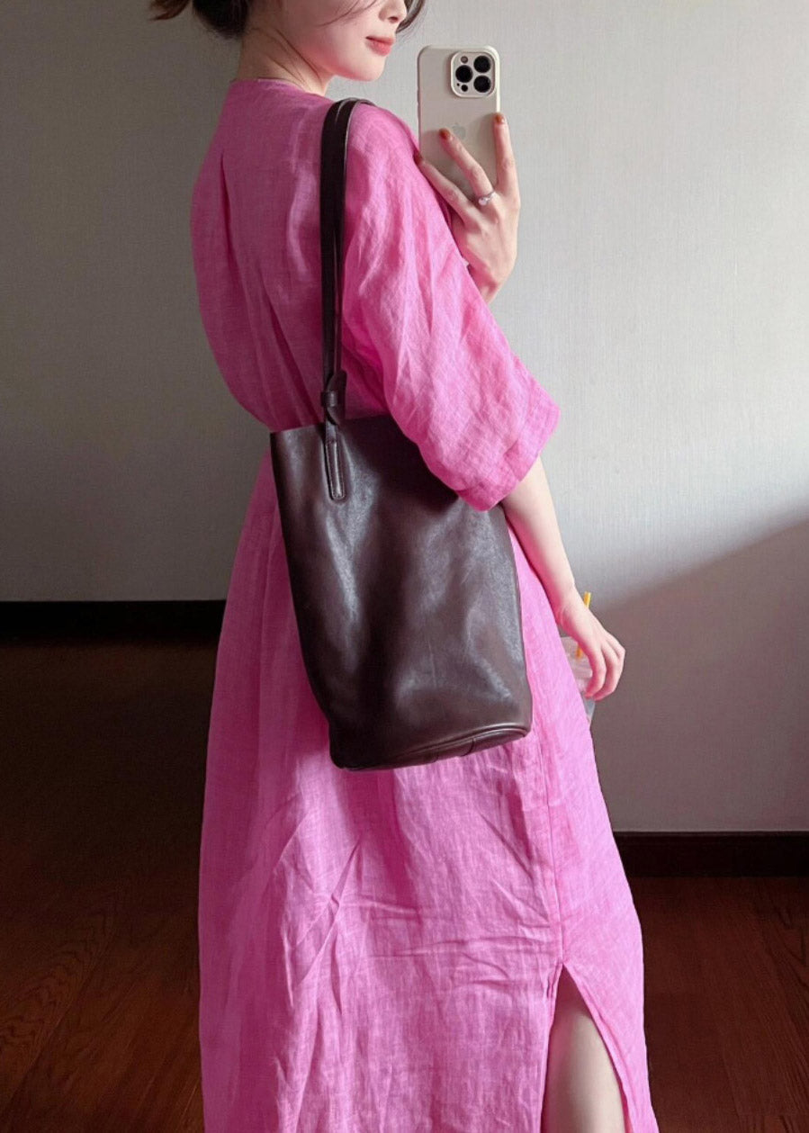 Rose V Cotton Neck Loose Dresses Long Summer Button