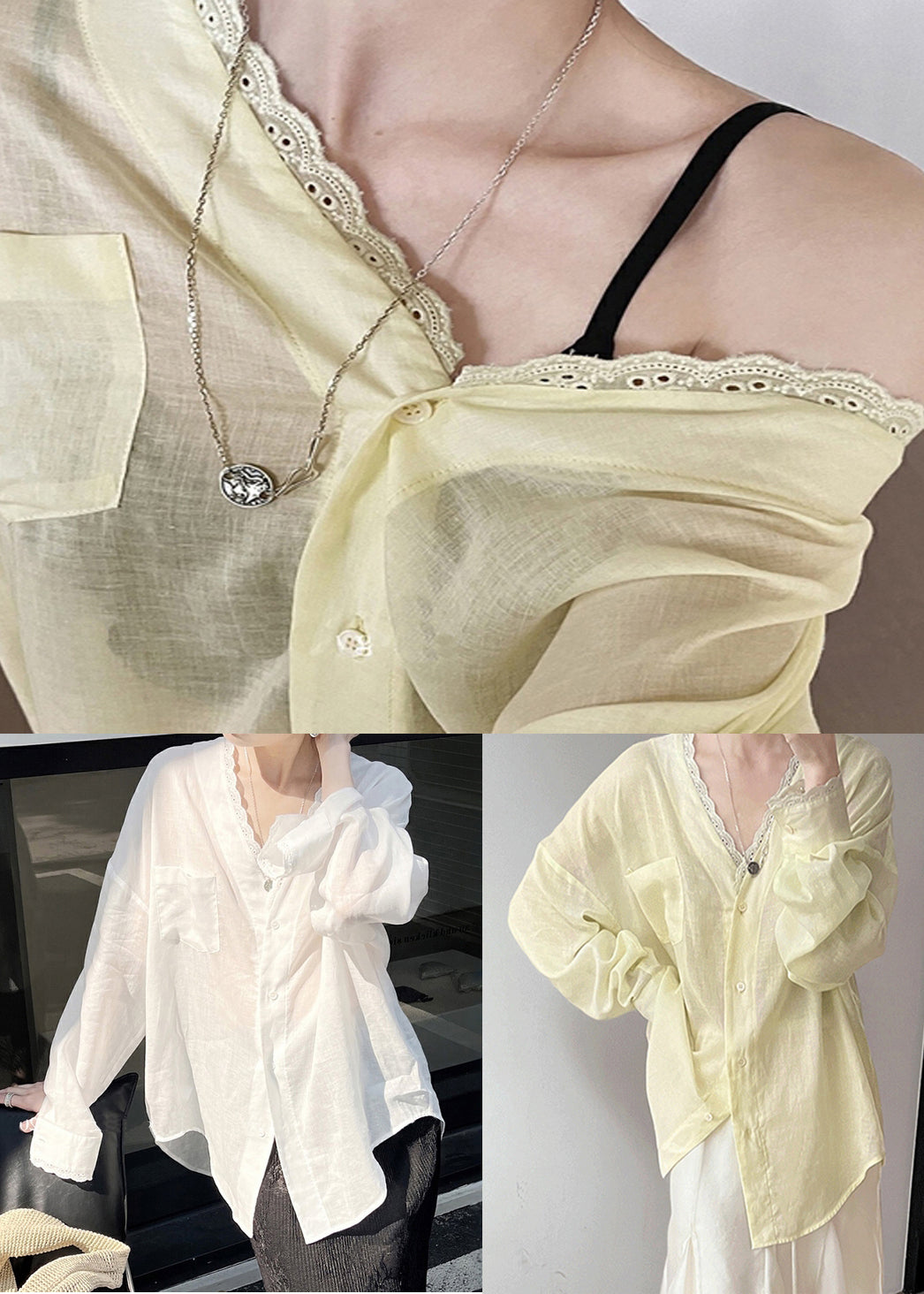 Thin Shirt Silk Button Loose Design Cotton Low High Summer White