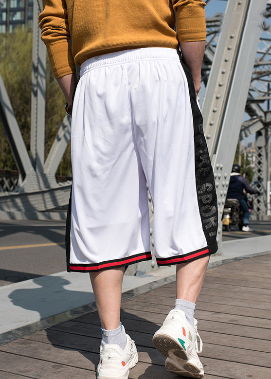 Pockets Summer Basketball Men Loose White Shorts Elastic Waist Patchwork
