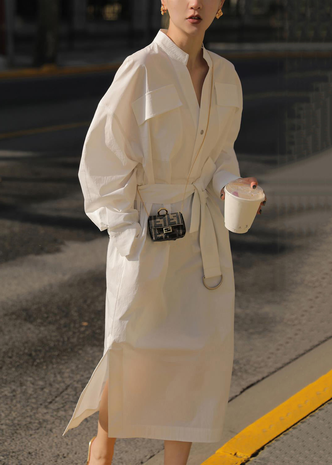 Side Blouses Loose Fall Tie Open White Waist Dress Pockets Cotton