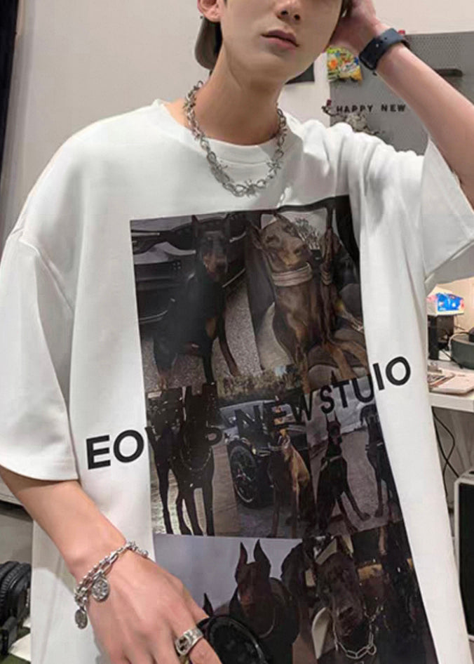 T Cozy Cotton Summer White Loose Mens Shirts Print