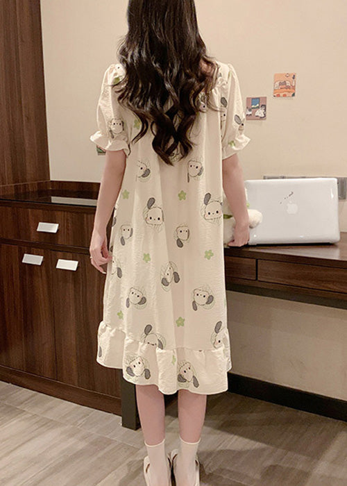 Loose White Ruffled Print Cotton Pajamas Long Dress Summer YK024