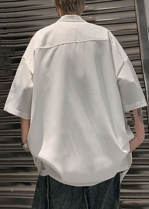 Half Mens Sleeve Cotton Shirt Loose Up Letter Zip White