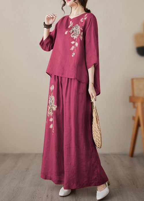 Piece Wine Elastic Loose Linen Two Red Embroidered Waist Set