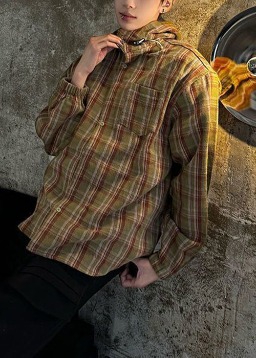 Men Yellow Hooded Loose Shirts Plaid Spring Cotton