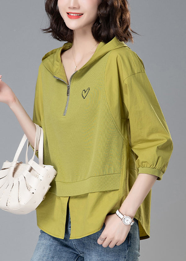 Zippered Cotton Hooded Yellow Patchwork Summer Loose Tops