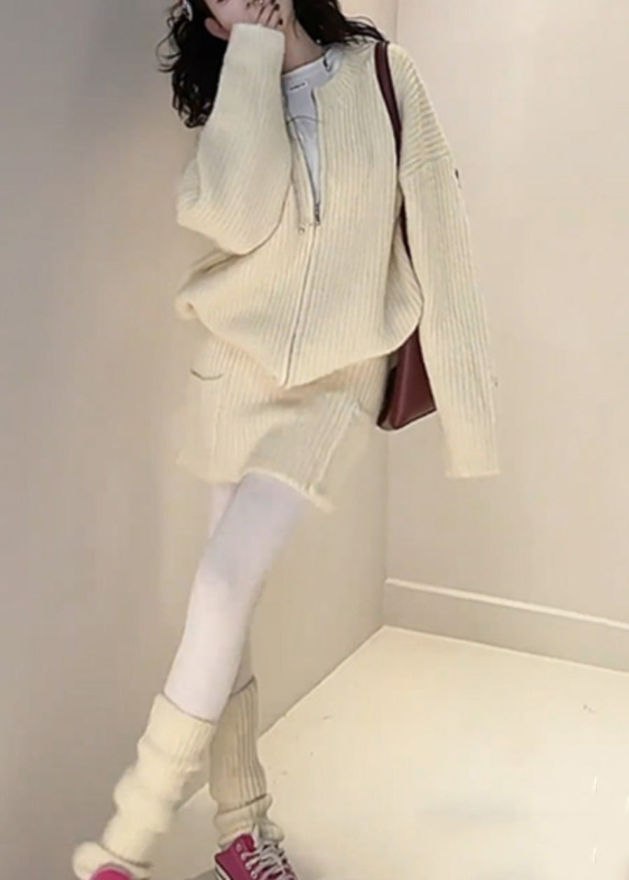 Set Fall Loose And Piece Skirts Cardigan Zippered Knit Yellow Two