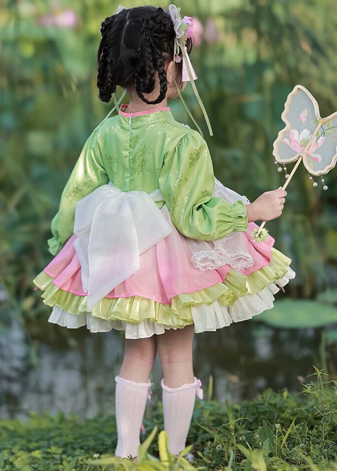 Lantern Lovely Embroideried Button Girls Green Mid Dress Tulle
