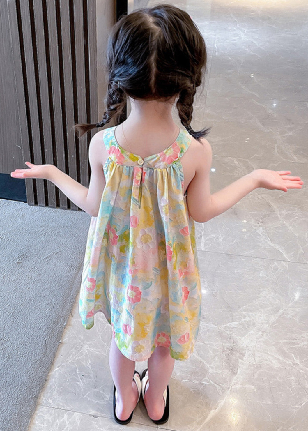 Lovely O-Neck Print Cotton Girls Slip Mid Dress Sleeveless GF024