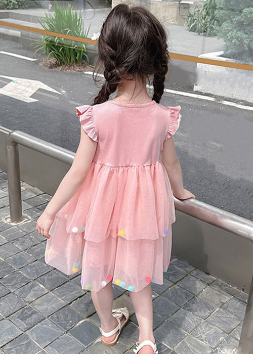 Lovely Pink O-Neck Tulle Patchwork Girls Dress Summer TT042