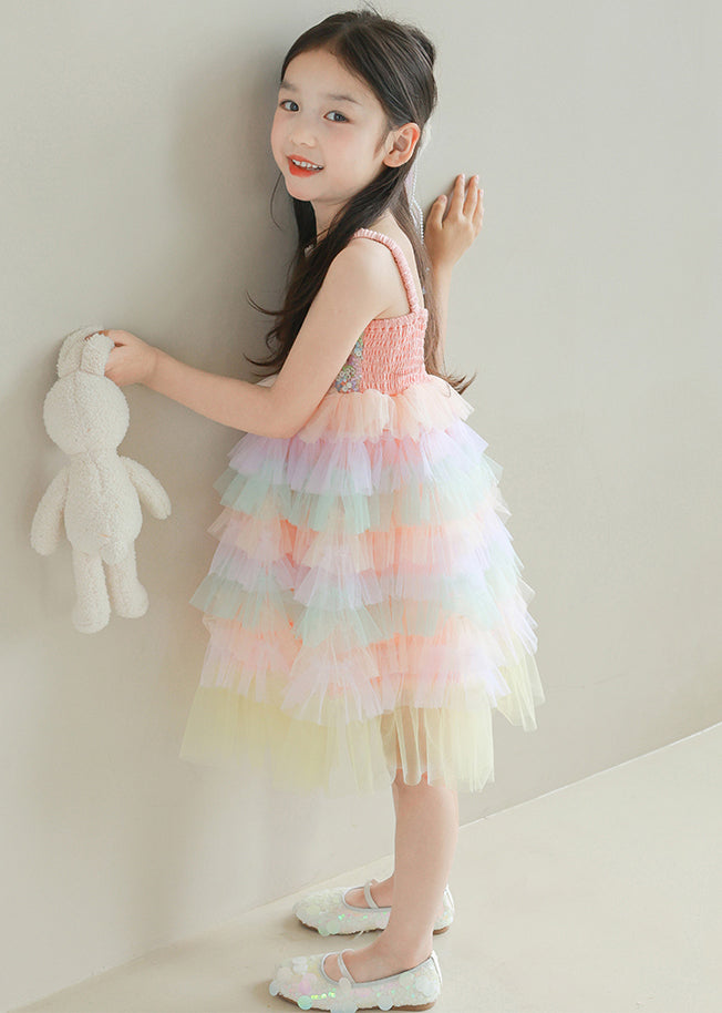Lovely Rainbow Sequins Tulle Patchwork Girls Spaghetti Strap Dress Sleeveless TT024