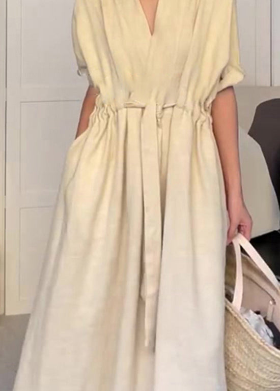 Modern Beige V Neck Pockets Drawstring Cotton Dress Summer YZ022