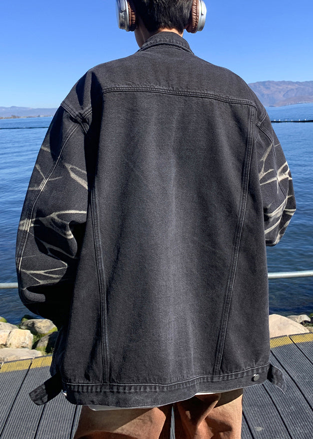 Modern Black Gradient Color Button Pockets Denim Mens Coats Spring TC042