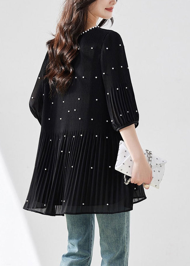 Top Silk Modern Bead O-Neck Sleeve Nail Black Half