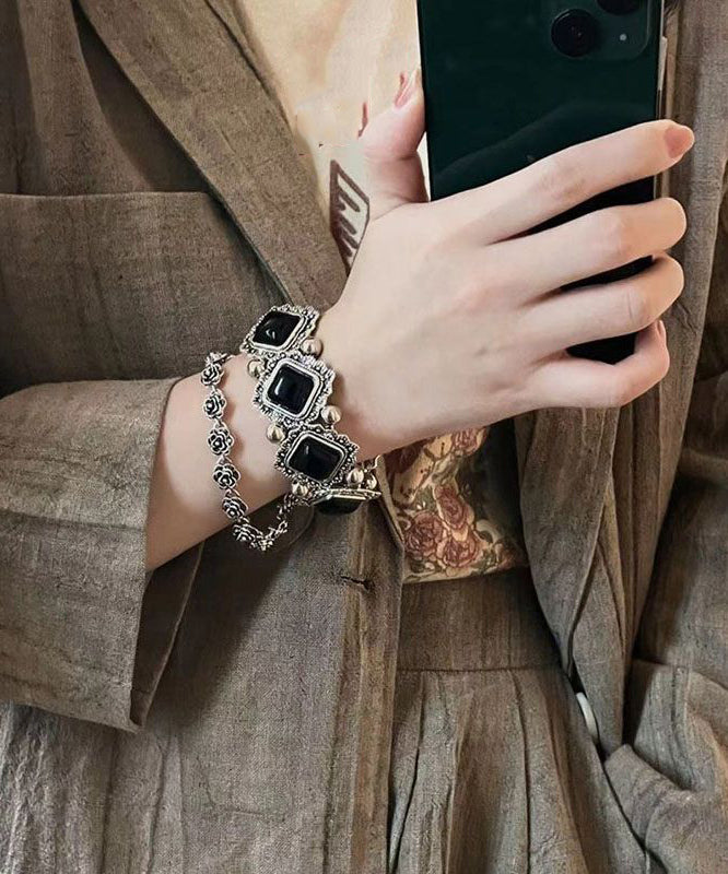 Two-Piece Silver Set Sterling Black Stone Floral Gem Modern Chain Bracelet