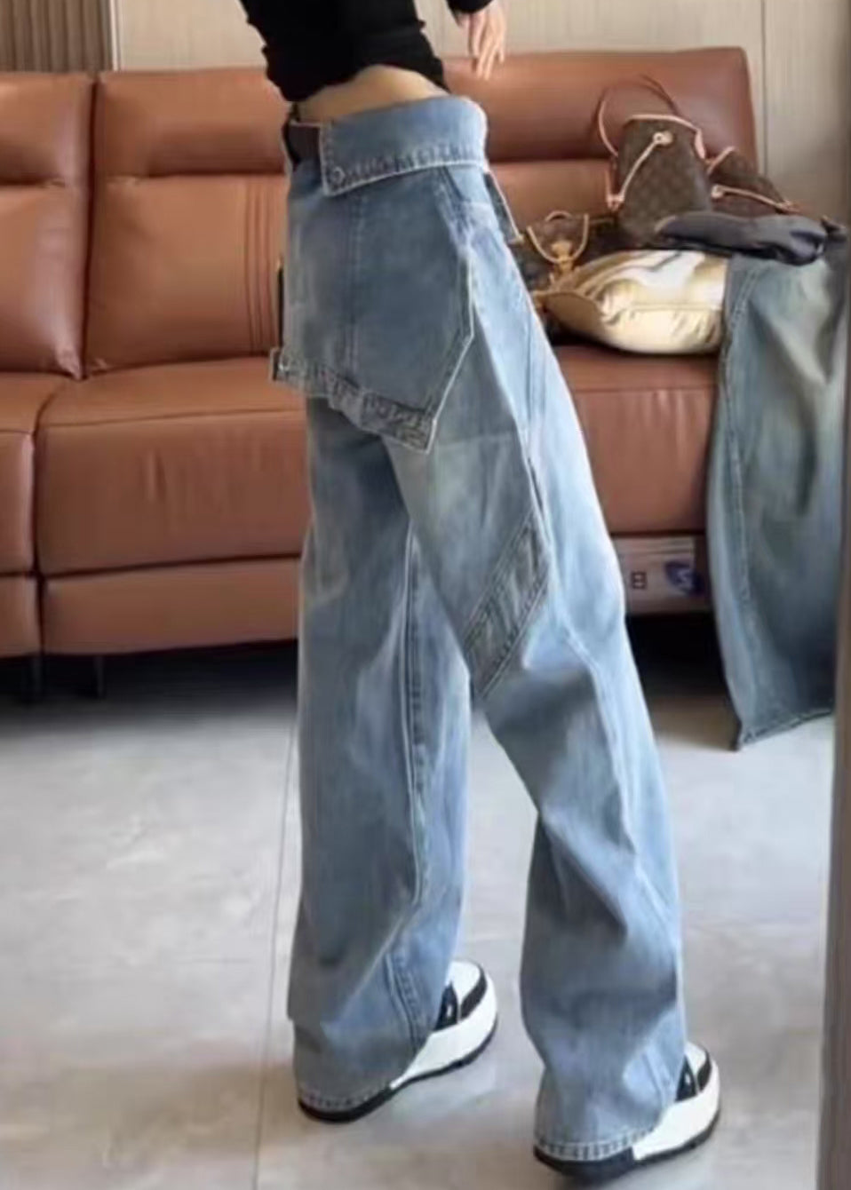 High Asymmetrical Denim Waist Spring Blue Pants Modern