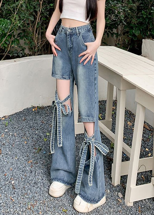 Hollow Up Lace Modern Blue Out Pants Denim Spring