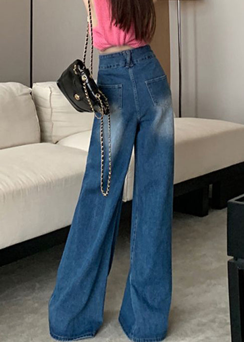 Moderne blaue Jeanshose mit Taschen und hoher Taille, Sommer AW1004